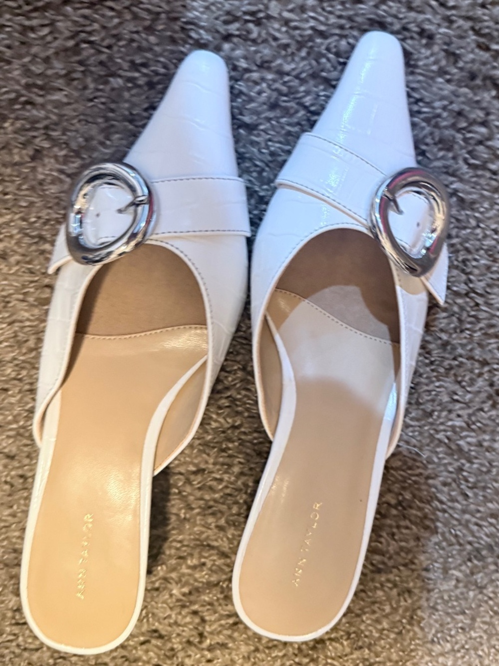 ANN TAYLOR White Pointed Toe Mule Heels w/ Silver Buckle – Elegant Chic Slides